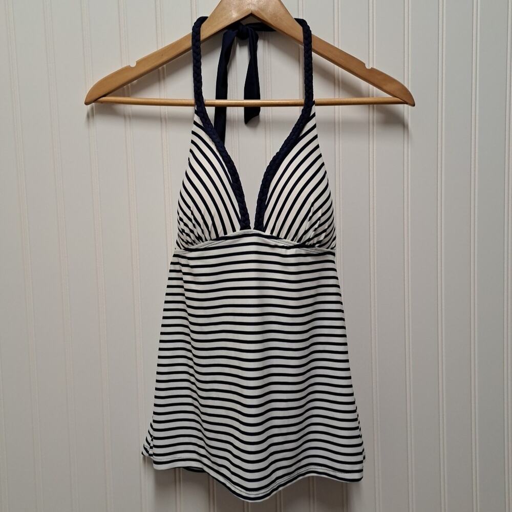 Malibu Tankini Top Womens Medium M Navy Blue White Striped Halter Triangle Swim